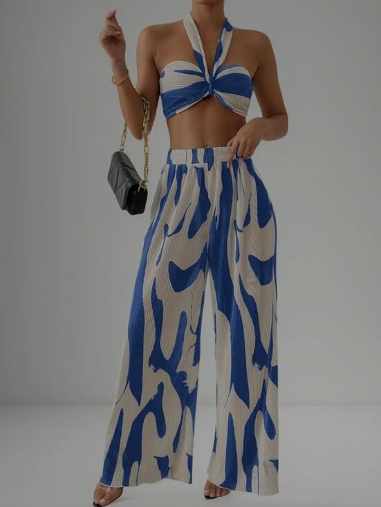 No brand Pants - Blue & Cream Wide-Leg Printed Palazzo Pants - Women's